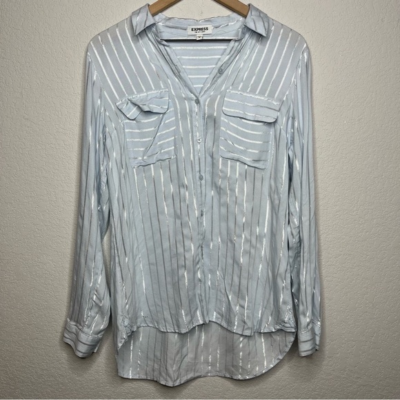 Express The City Shirt Medium Blue Stripe Silver Sparkles Button‎ Down Pockets - Picture 1 of 7